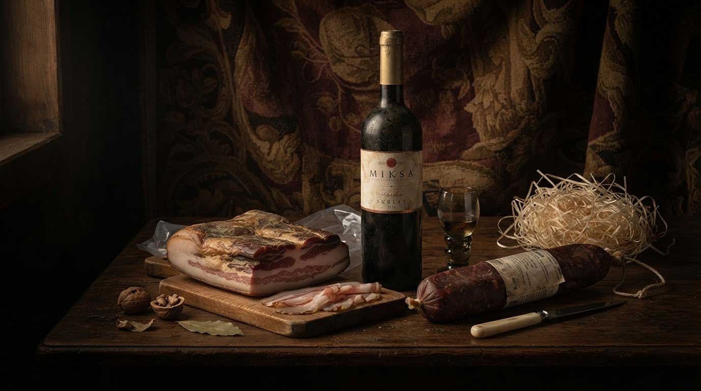 Suhomesnati specijaliteti i vino pripremljeni za poklon