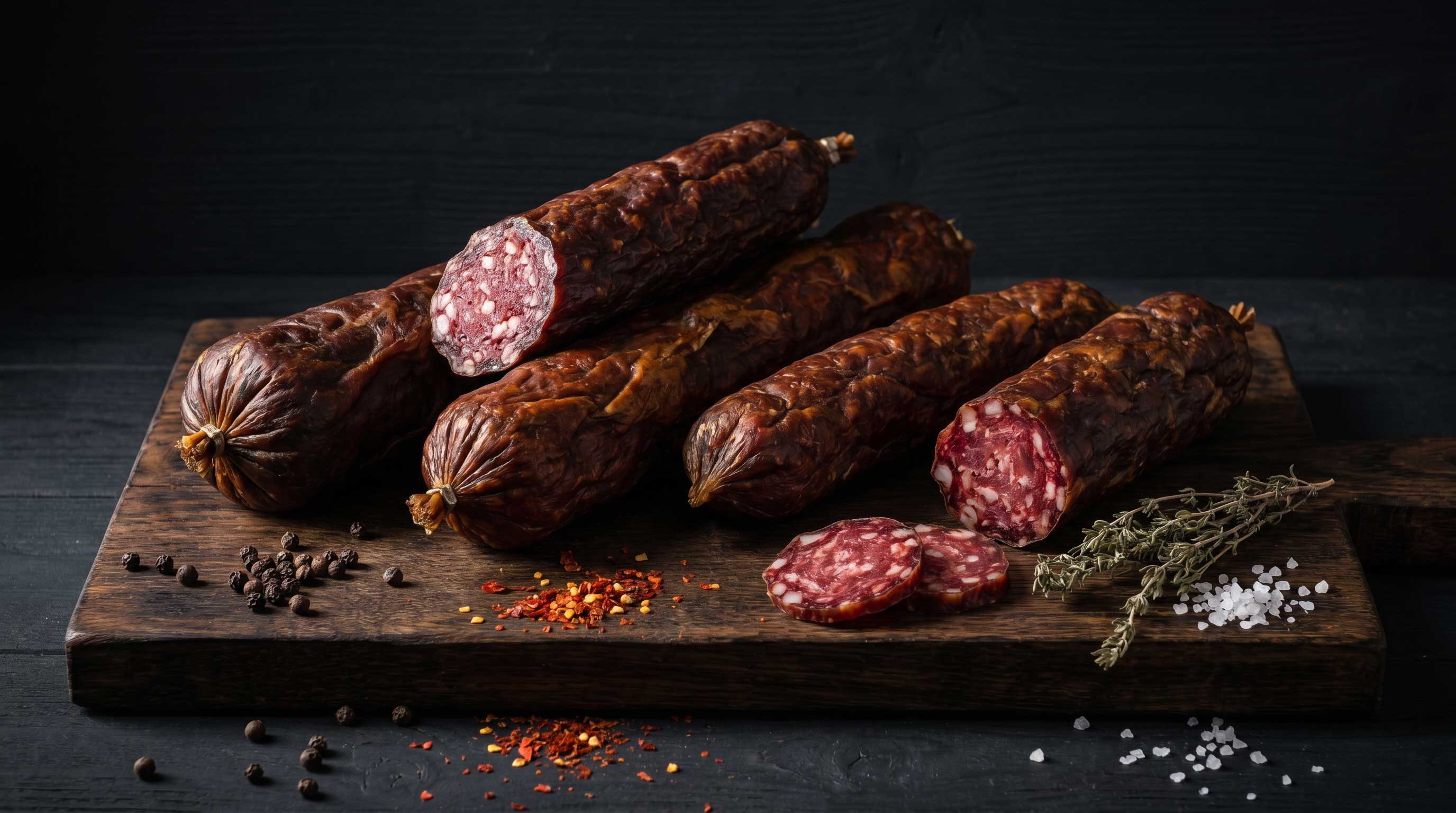Domaći kulen, kobasice i suhomesnato meso na drvenoj dasci